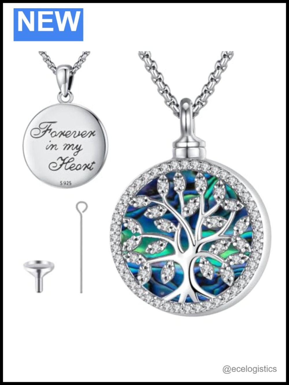 Sterling Silver Cremation Locket Necklace Tree of Life Abalone Shell